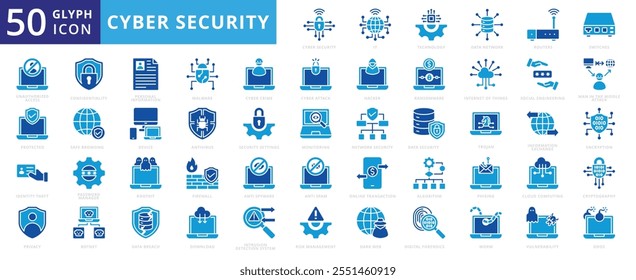 Cyber security icon set of phishing, firewall, ransomware, tecnologia, cloud computing, privacidade, hacker, criptografia, criptografia, algoritmo, antivírus, worm, internet das coisas, malware, download