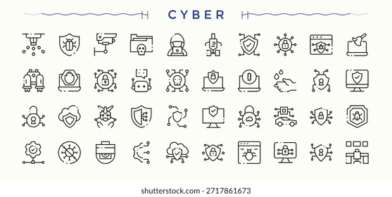 Conjunto de iconos de ciberseguridad. Pictogramas de seguridad cibernética, seguridad, cortafuegos, seguro y más. Conjunto de iconos cibernéticos. Pictograma e infografía.