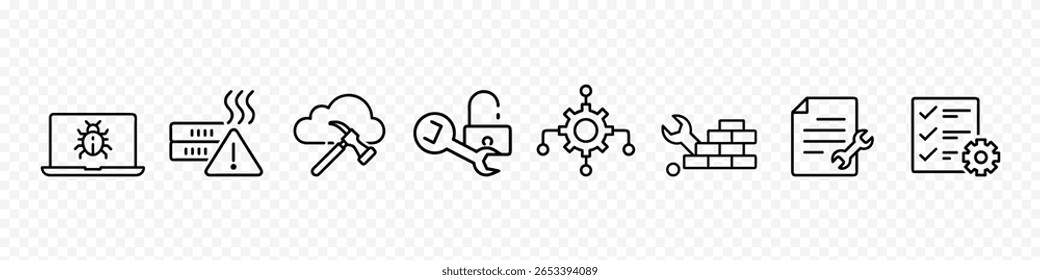 Symbol für Cybersicherheit, Symbol für Sicherheit und Schutz, Symbol für Cybersicherheit mit Firewalls, Secure Cloud, Shield, Malware-Warnung, Systemdiagnose, Verschlüsselung