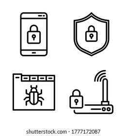 Cyber Security icon set = smartphone locked, shield locked, web virus, router locked.
Perfect for website mobile app, presentation, illustration and any other projects.