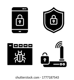 Cyber Security icon set = smartphone locked, shield locked, web virus, router locked.
Perfect for website mobile app, presentation, illustration and any other projects.