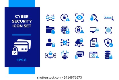 Cyber Security icon set. Technology, Card security, Data storage, Database.  Alert system. Cloud computing, Access Control. Robbery, Fraud detection and prevention, Log in, off, user. Unlock Document