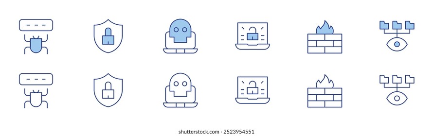 Cyber security icon set in two styles, Duotone and Thin Line style. Editable stroke. cyber crime, firewall, spy, bug, cyber security, cybersecurity threats.