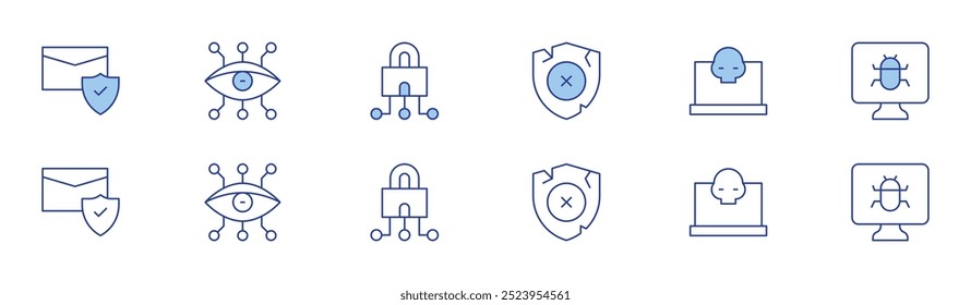 Ícone de segurança cibernética definido em dois estilos, Duotônico e Linha fina. AVC editável. anti, ciber, segurança cibernética, escudo quebrado, ataque cibernético.
