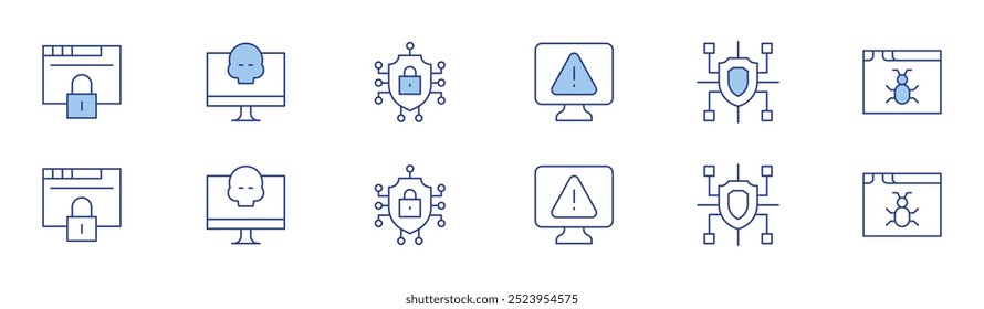 Icono de seguridad cibernética en dos estilos, Duotone y Thin Line. Accidente cerebrovascular editable. acceso, alerta, computadora, cibercrimen, ciberseguridad.