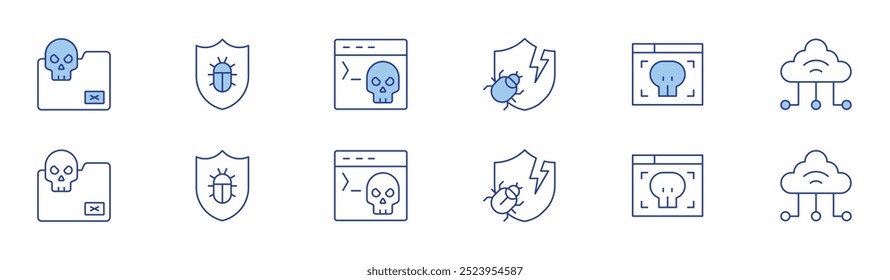 Cyber security icon set in two styles, Duotone and Thin Line style. Editable stroke. shield, threat, virtual, folder, terminal.
