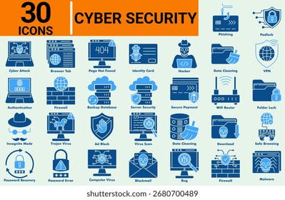 Cyber security icon set two color glyph style. Including computer virus, malware, phishing, firewall, hacker, VPN, data protection, secure payment, and online safety symbols.