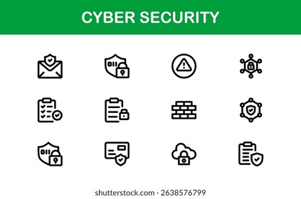 Cyber Security Icon Set in Vector Style Featuring Protection, Privacy, Firewall, and Data Safety Symbols