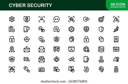 Cyber Security Icon Set in Vector Style Featuring Protection, Privacy, Firewall, and Data Safety Symbols