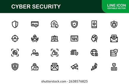 Cyber Security Icon Set in Vector Style Featuring Protection, Privacy, Firewall, and Data Safety Symbols