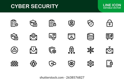 Cyber Security Icon Set in Vector Style Featuring Protection, Privacy, Firewall, and Data Safety Symbols