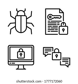 Juego de iconos de Ciberseguridad = malware de virus, archivo de cifrado, equipo bloqueado, chat de cifrado.
Perfecto para aplicaciones móviles web, presentación, ilustración y cualquier otro proyecto.