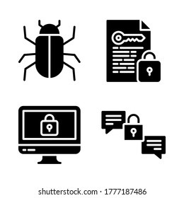 Juego de iconos de Ciberseguridad = malware de virus, archivo de cifrado, equipo bloqueado, chat de cifrado.
Perfecto para aplicaciones móviles web, presentación, ilustración y cualquier otro proyecto.
