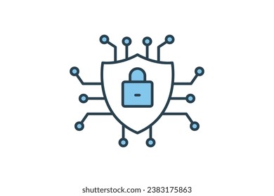 cyber security icon. shield with padlock and network. icon related to device, protect, computer technology. flat line icon style. simple vector design editable