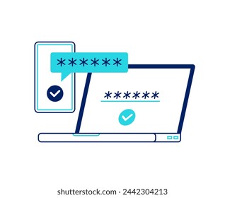 Icono de ciberseguridad. Autenticación de dos o varios factores. Ilustración lineal vectorial sobre el fondo blanco.