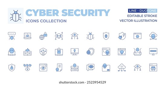 Coleção de ícones de segurança virtual. Linha Duotone estilo, curso editável. bloqueio, servidor, escudo, spyware, firewall, segurança digital, arquivo, segurança, espião, segurança cibernética, ameaças de segurança cibernética.