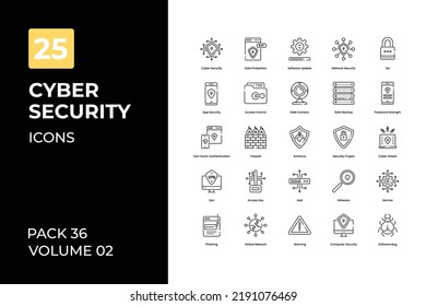  Sammlung von Symbolen für Cybersicherheit. Set enthält Symbole wie Cybersicherheit, Zugriffssteuerung, Datensicherung und mehr