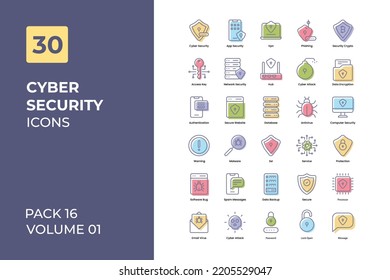 Colección de iconos de ciberseguridad. Set contiene iconos como acceso, computadora, crimen, ciber, datos de referencia y más