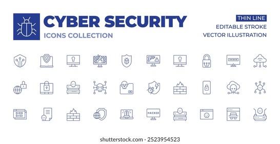Cyber security icons collection. Thin Line icons, editable stroke. firewall, folder, hacked, malware, server, shield, hacker, hacking, smartphone, spy, file, internet, security, web.