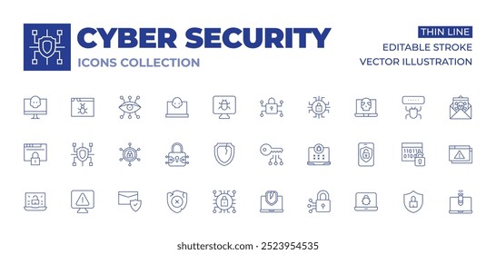 Sammlung von Cybersicherheitssymbolen. Symbole für dünne Linien, editierbarer Strich. Zugriff, Alarm, Anti, gebrochenen Schild, Computer, Cyber, Cyber-Kriminalität, Sicherheit, Bug, Angriff, Dos, Hacking, Virus, Browser.