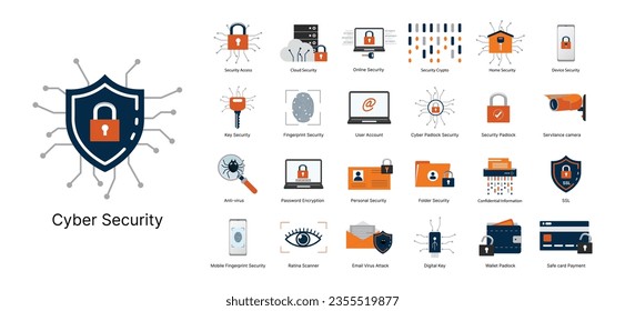 Cyber security icons. Contains icons digital lock, cyber security, password, smart home, computer security, electronic key, fingerprint and more. Pixel perfect.