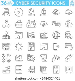 iconos de seguridad cibernética para iconos de línea de desarrollo de seguridad