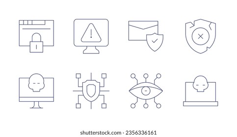 Cyber security icons. Editable stroke. Containing access, alert, anti, broken shield, computer, cyber.