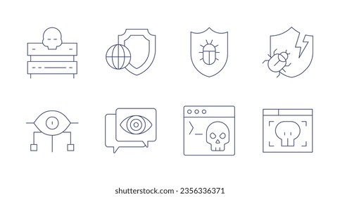 Cyber security icons. Editable stroke. Containing server, shield, spyware, terminal, threat.