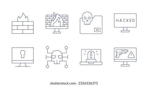 Iconos de ciberseguridad. Trazo editable. Conteniendo firewall, carpeta, hackeado, bloqueo, malware, robo en línea.
