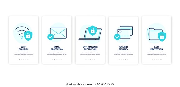 Cyber security icons. Email, anti-malware, data protection. Network and payment security. Vector linear illustrations for web, or application.
