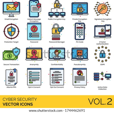 Cyber security icons including email encryption, instant message, public key, private, signature, protection target, password manager, pin code, 2 factor authentication, secure transaction, anonymity.