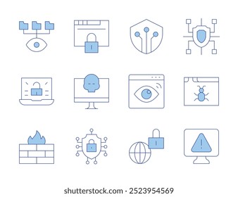Ícones de segurança cibernética Linha Duotone estilo, curso editável. acesso, alerta, computador, ciber, crime cibernético, segurança cibernética, firewall, segurança digital, internet, espião, spyware.