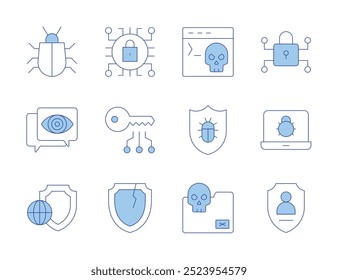 Cyber security icons. Line Duotone style, editable stroke. folder, shield, spyware, terminal, virus, broken shield, bug, cyber attack, cyber security.