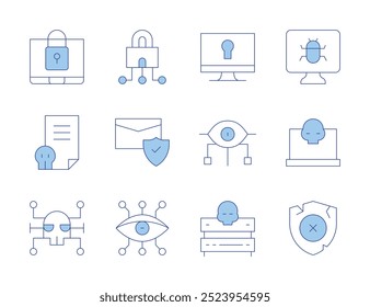 Ícones de segurança cibernética Linha Duotone estilo, curso editável. anti, ciber, segurança cibernética, bloqueio, servidor, spyware, malware, arquivo, segurança, escudo quebrado, ataque cibernético.