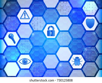 Cyber security icons on the hexagons background. Network protection internet technology concept illustration.