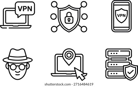 Iconos de seguridad cibernética que representan VPN y protección de datos