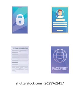Los iconos de seguridad cibernética establecen un Vector de dibujos animados. Protección de datos personales. Tecnología de Internet, concepto de gdpr