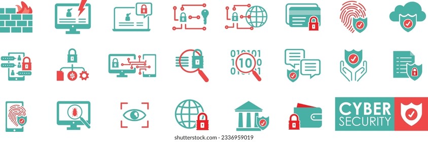 Symbol für Cybersicherheit eingestellt. Mit gesicherter Zahlung, Verschlüsselung, Sicherheit, Firewall, Datenschutz, gesperrtem Passwort und Symbol für Cybersicherheit. Solid-Icon-Stil.