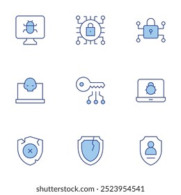 Ícones de segurança cibernética definidos. Linha Duotone estilo, traço editável. escudo quebrado, ciber, bug, ataque cibernético, segurança cibernética.