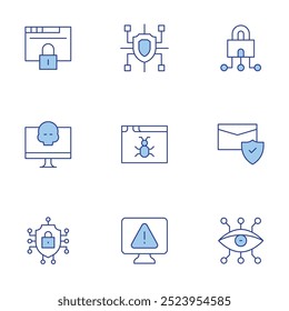 Conjunto de iconos de seguridad cibernética. Línea estilo Duotone, golpe editable. acceso, alerta, anti, computadora, cibercrimen, ciberseguridad.