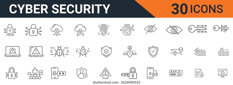 Conjunto de iconos de seguridad cibernética: Ilustraciones vectoriales de estilo de línea para protección de datos, seguridad en línea, cifrado y prevención de amenazas

