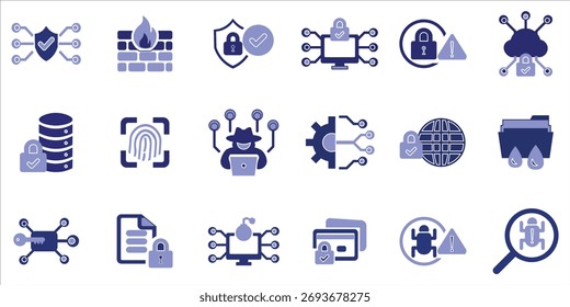 Conjunto de iconos de seguridad cibernética. tecnología, seguridad, hacker, cifrado, malware y más. Vector de color simple