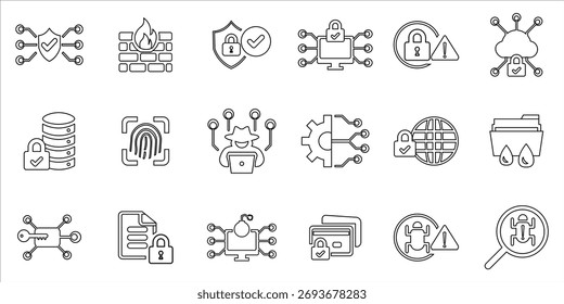 Conjunto de iconos de seguridad cibernética. Tecnología, seguridad, firewall, hacker, cifrado, malware, ataque cibernético y más. Vector de línea simple