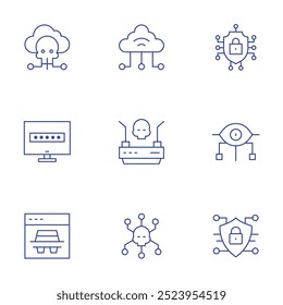 Ícones de segurança cibernética definidos. Estilo Thin Line, curso editável. segurança cibernética, spyware, hackers, senha, espião, virtual, vírus, wifi.