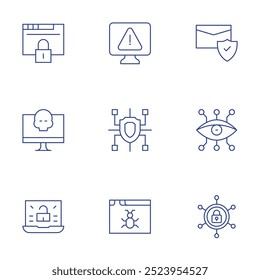 Ícones de segurança cibernética definidos. Estilo Thin Line, curso editável. acesso, alerta, anti, computador, cibercrime, segurança cibernética.