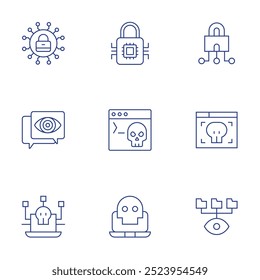 Conjunto de iconos de seguridad cibernética. Estilo de línea delgada, golpe editable. ciberseguridad, spyware, terminal, amenaza, amenazas de ciberseguridad, espía, ciberseguridad.