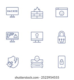 Cyber security icons set. Thin Line style, editable stroke. hacked, online robbery, shield, firewall, hacker, lock, padlock, server, smartphone.