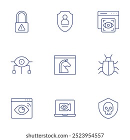 Ícones de segurança cibernética definidos. Estilo Thin Line, curso editável. spyware, cavalo de Troia, visão, vírus, segurança digital, segurança cibernética.