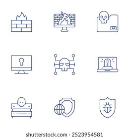 Conjunto de iconos de seguridad cibernética. Estilo de línea delgada, carrera editable. cortafuegos, carpeta, bloqueo, malware, servidor, escudo.