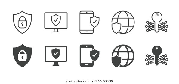 Conjunto de iconos de seguridad cibernética. Serie de iconos sólidos de líneas delgadas y glifos.